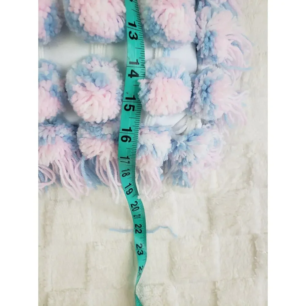 Vintage Handmade Pom-Pom Blue Pink Pillow Boho Cushion Throw Fringe Cottagecore